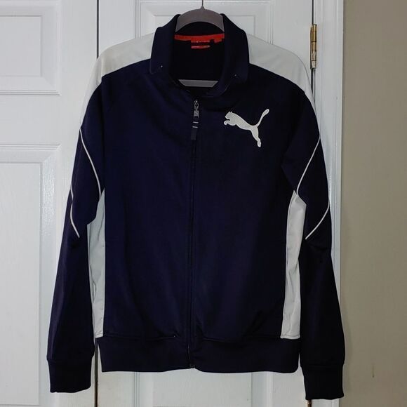 Puma navy and white zip up  track athletic jacket Sz M - Picture 1 of 7